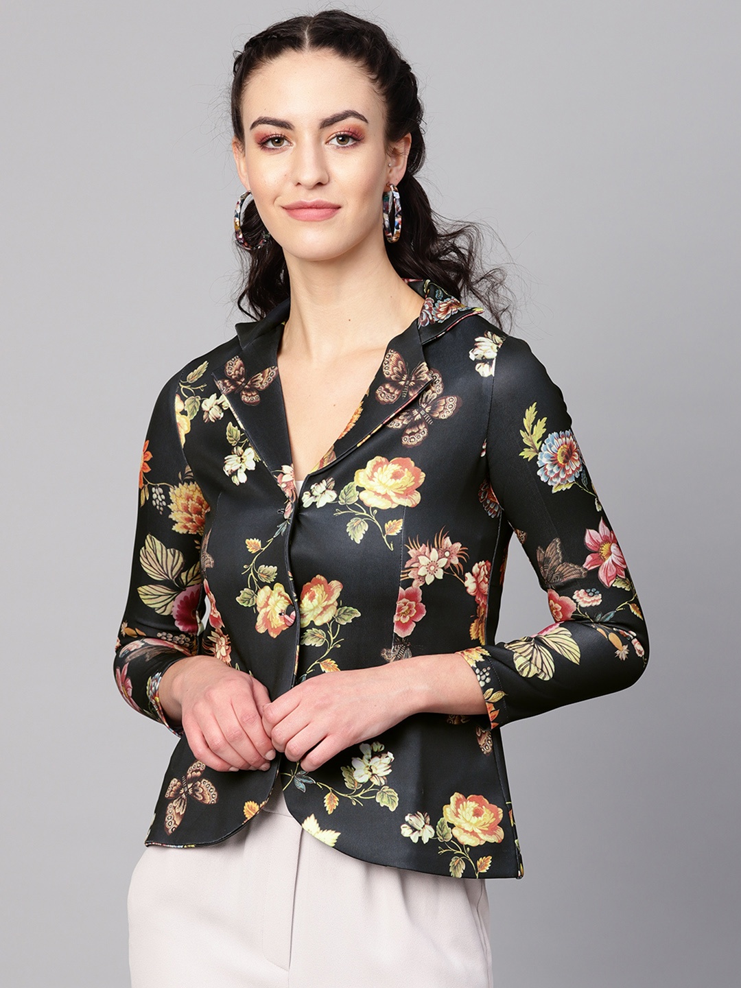 

Vemante Women Charcoal Grey & Yellow Single-Breasted Printed Casual Blazer, Black