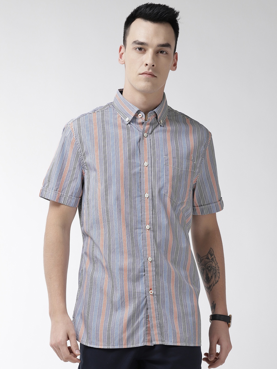 

Marks & Spencer Men Blue & Orange Regular Fit Striped Casual Shirt