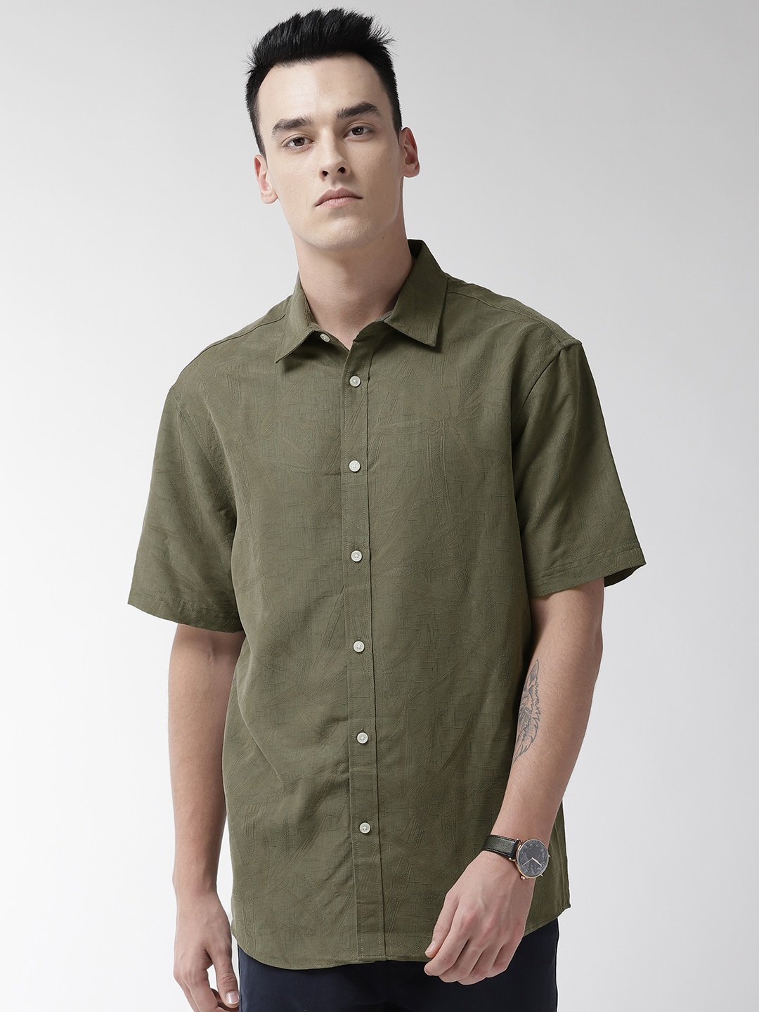 

Marks & Spencer Men Olive Green Relaxed Fit Easy Care Self Design Casual Shirt