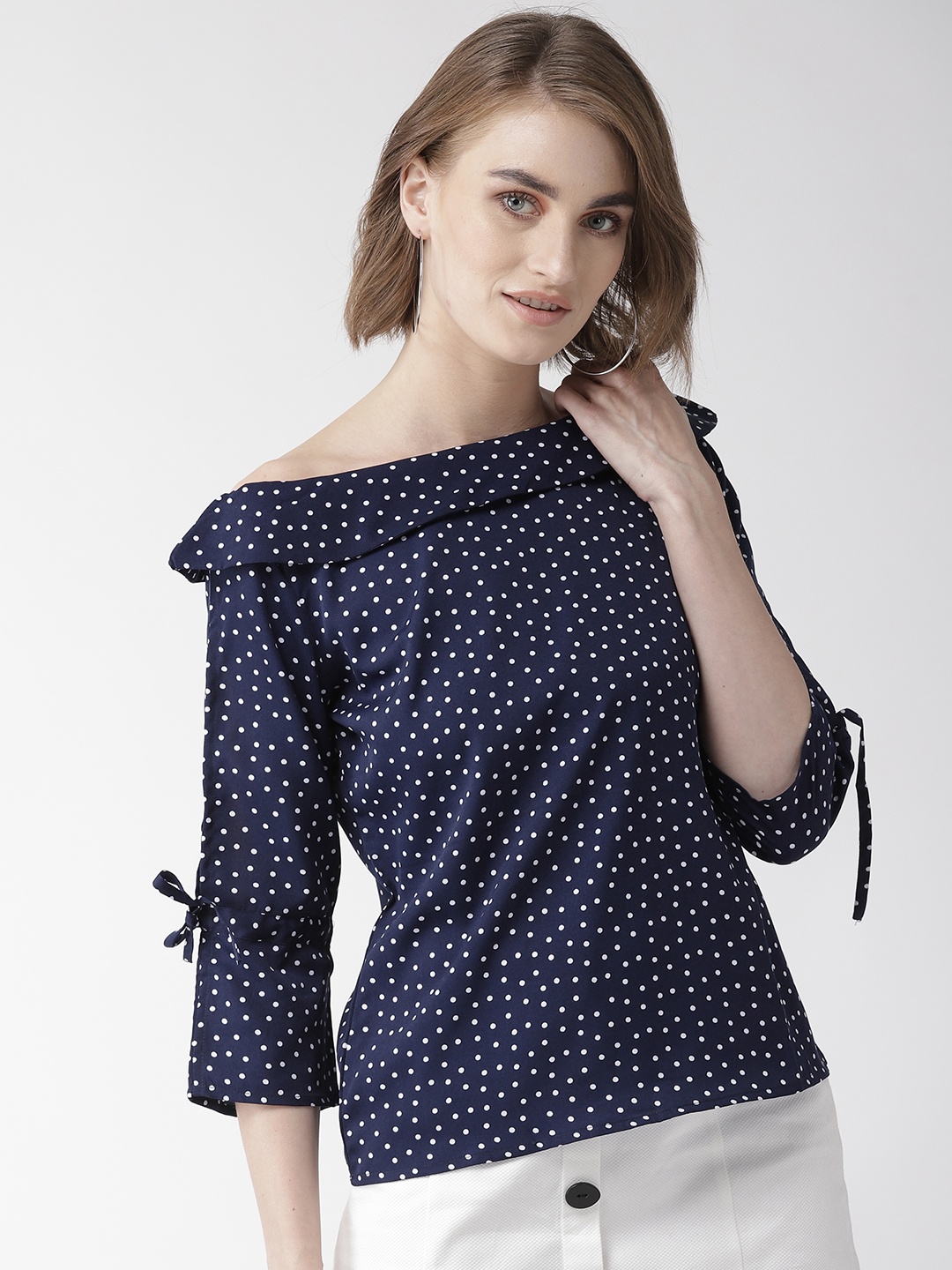 

Style Quotient Women Navy & White Polk Dot Print Bardot Top, Navy blue