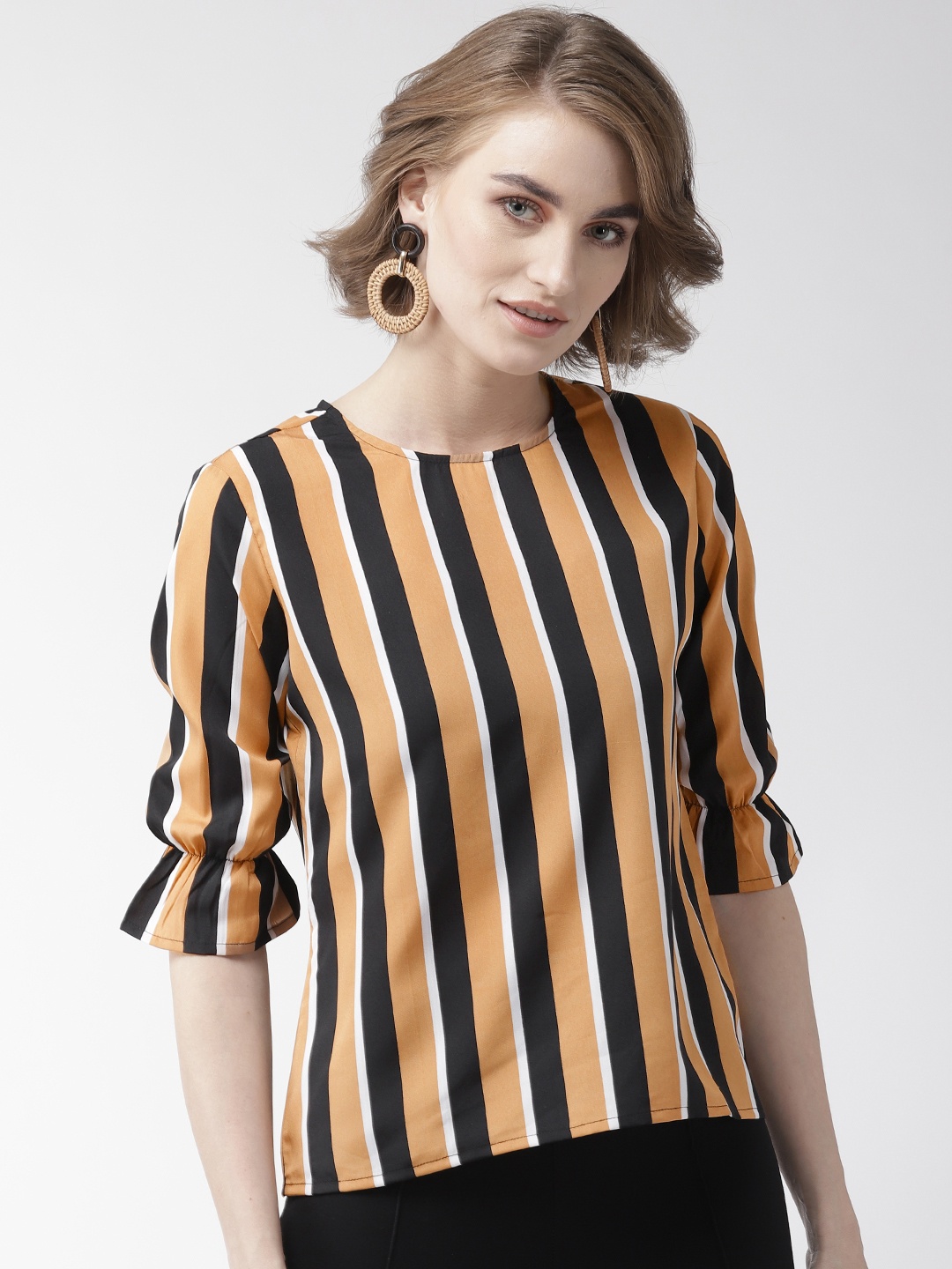 

Style Quotient Women Mustard Brown & Black Striped Top