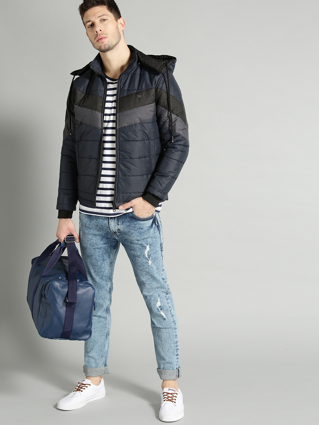 

The Roadster Lifestyle Co Men Navy Blue & Charcoal Grey Colourblocked Hooded Padded Jacket