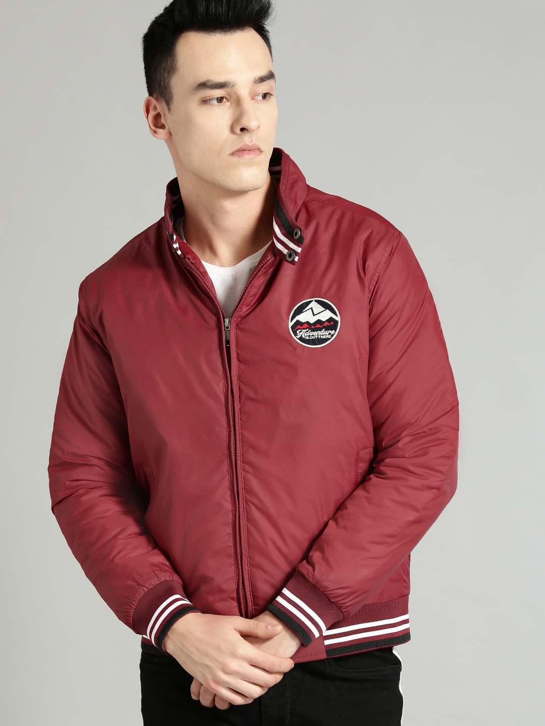 

The Roadster Lifestyle Co Men Maroon Solid Varsity Jacket