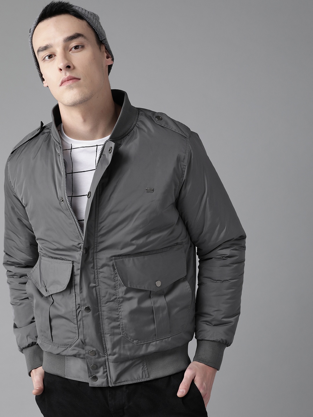 

The Roadster Lifestyle Co Men Grey Solid Bomber Jacket