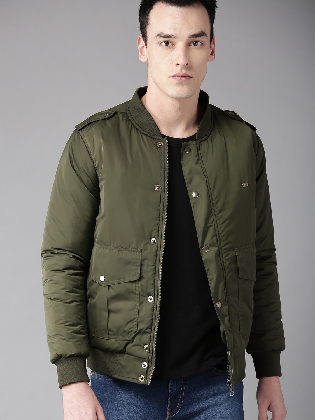 

The Roadster Lifestyle Co Men Olive Green Solid Bomber Jacket