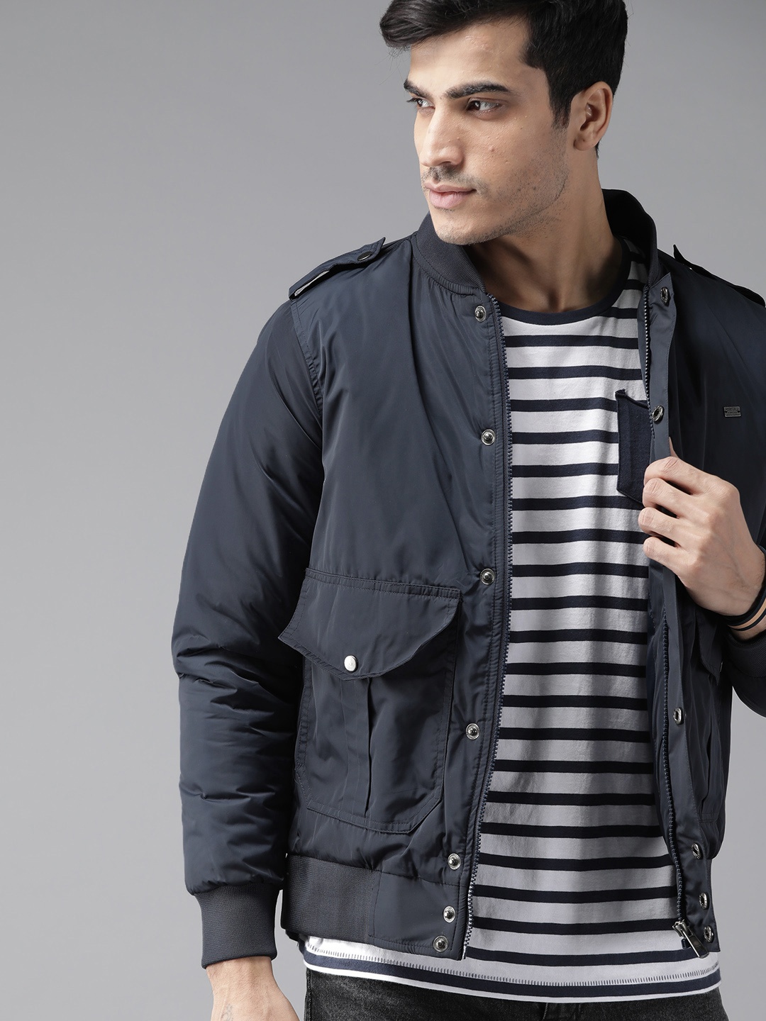 

The Roadster Lifestyle Co Men Navy Blue Solid Bomber Jacket