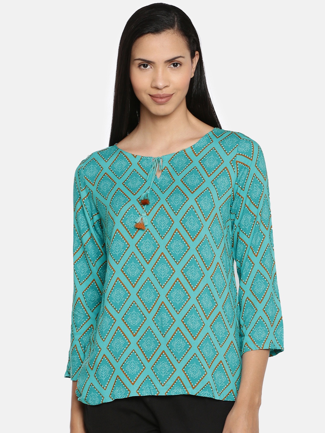 

Global Desi Women Teal Blue Printed Top