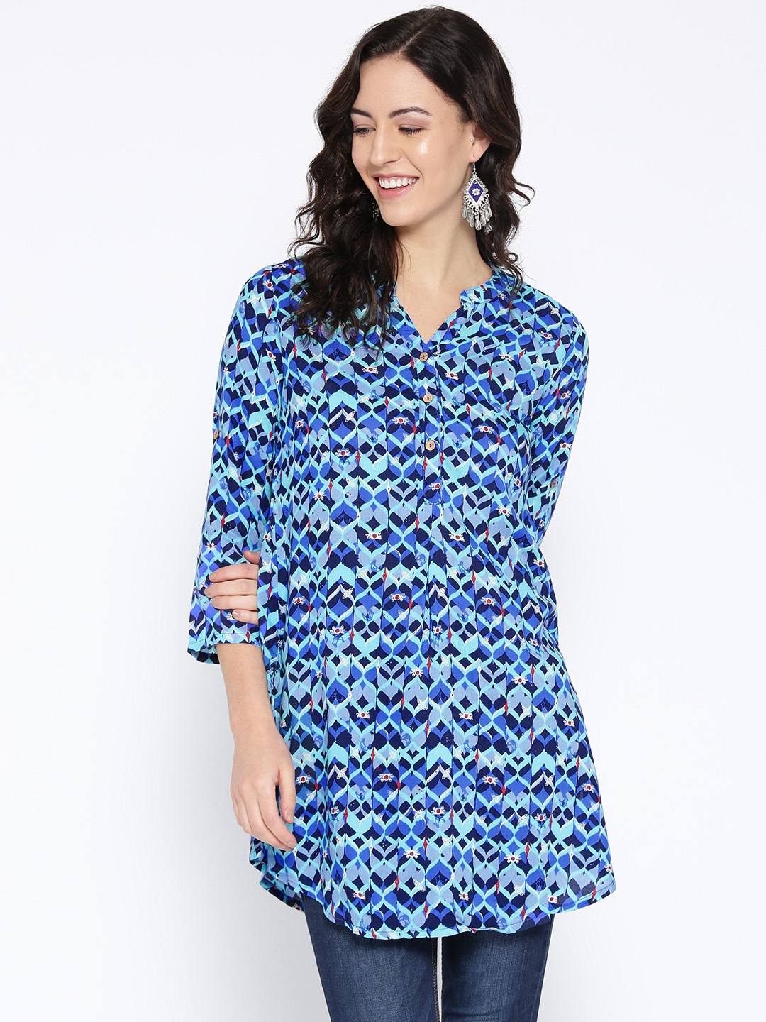 

Global Desi Blue & Off-White Printed Tunic
