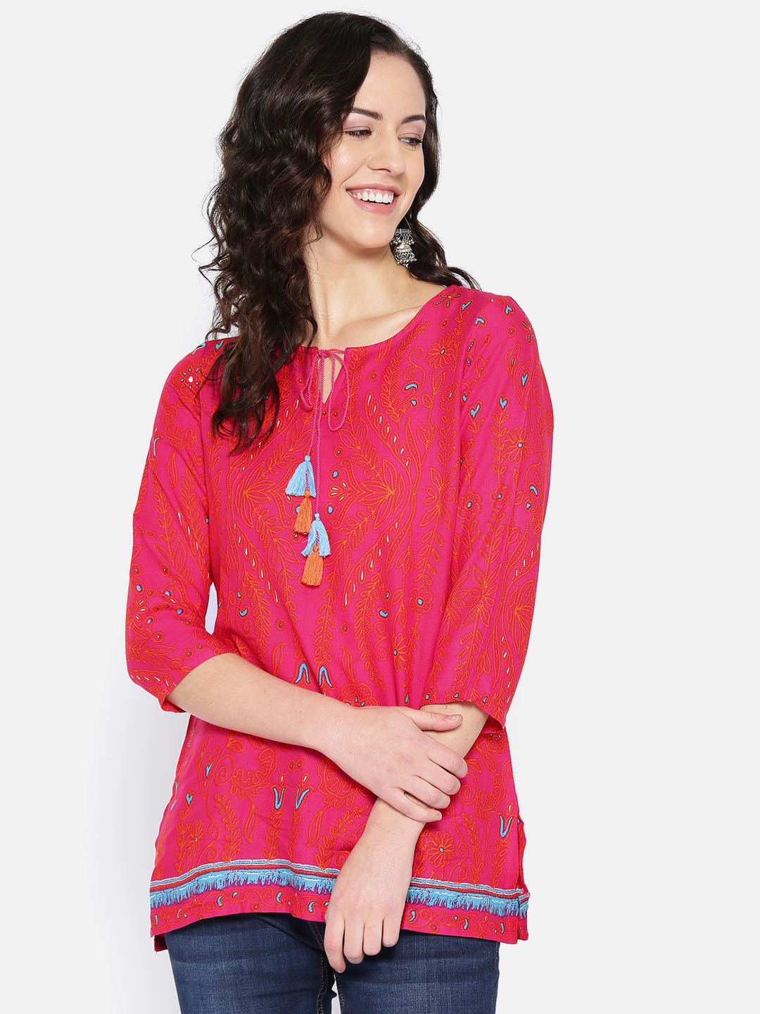 

Global Desi Women Pink & Orange Printed Straight Kurti