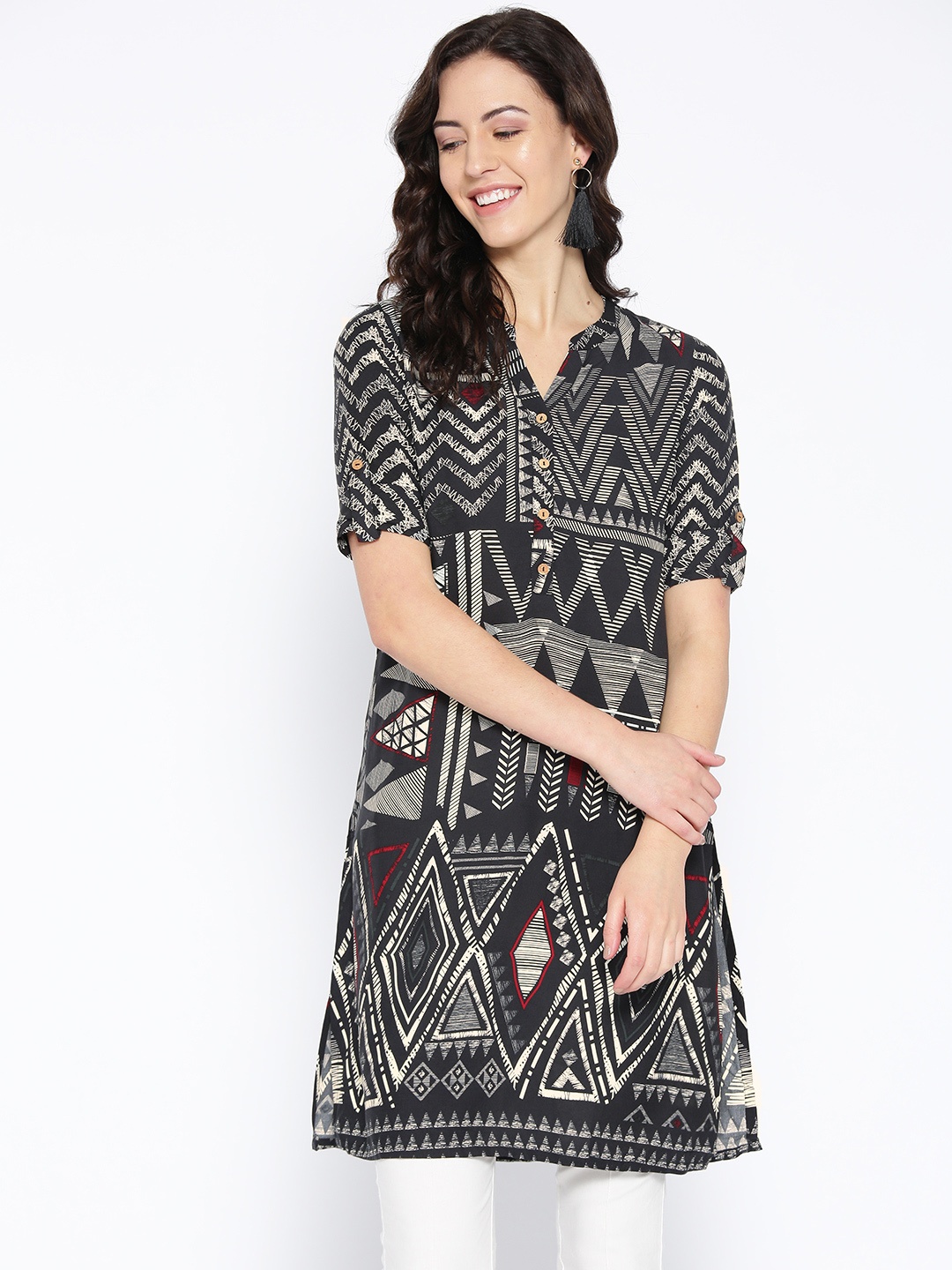 

Global Desi Black & Off-White Printed Tunic