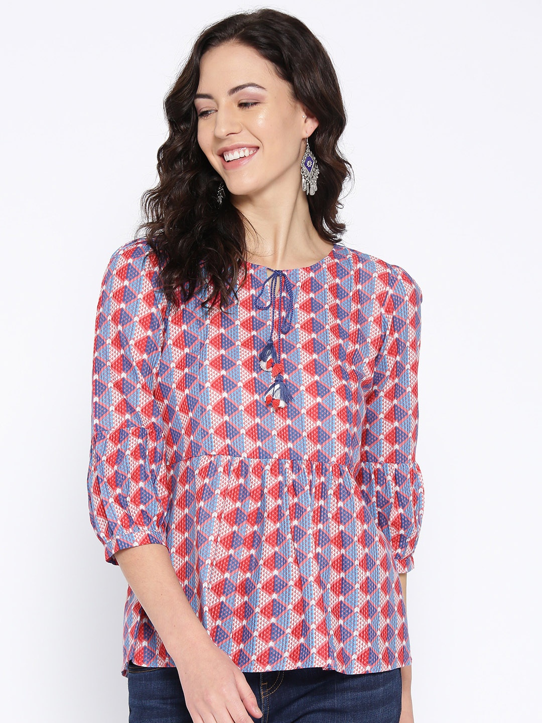

Global Desi Women Red & Blue Printed A-Line Top