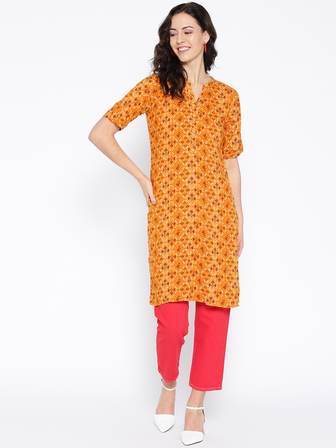 

Global Desi Mustard Yellow & Red Printed Tunic