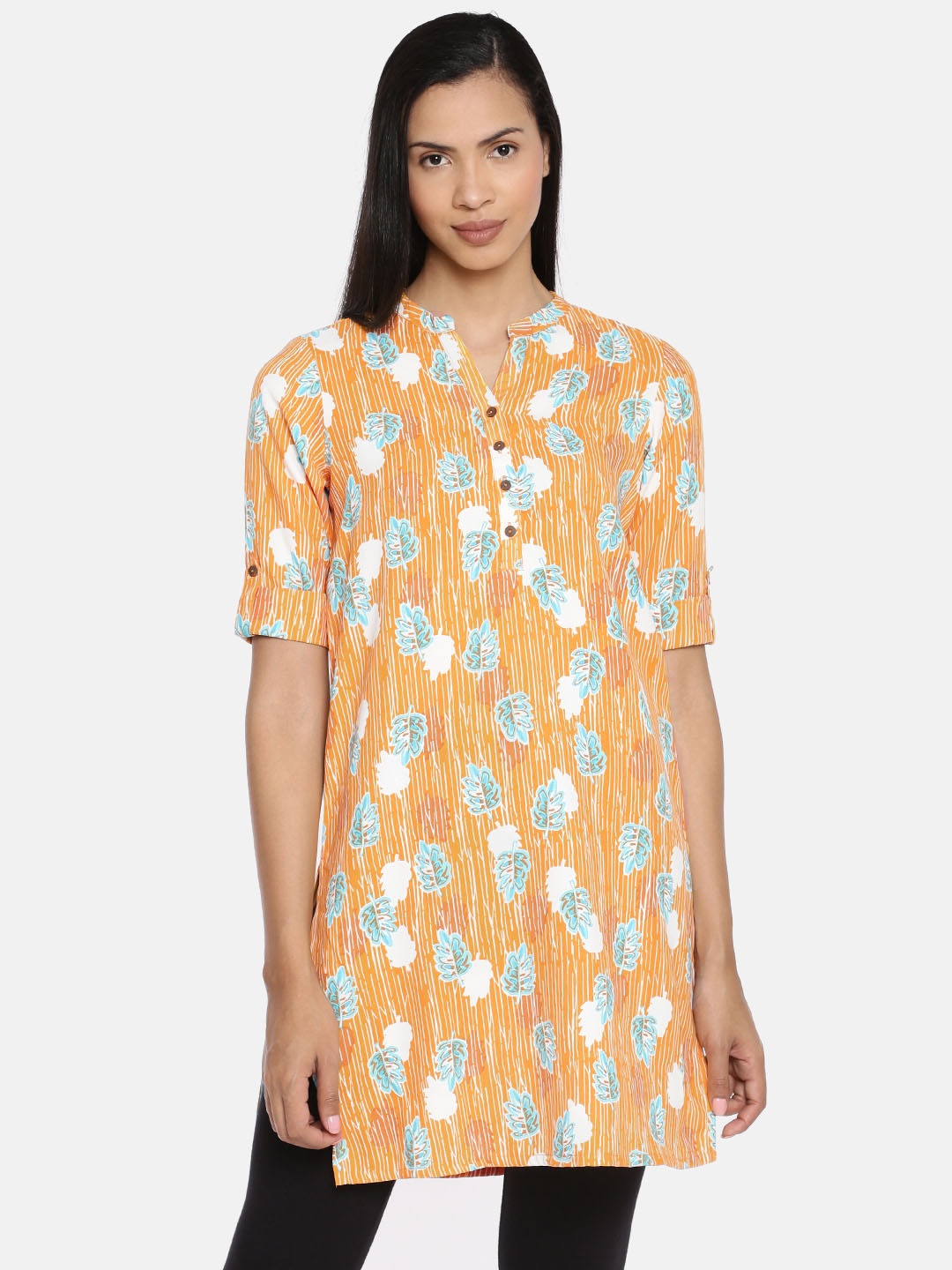 

Global Desi Mustard Yellow & Blue Printed Tunic