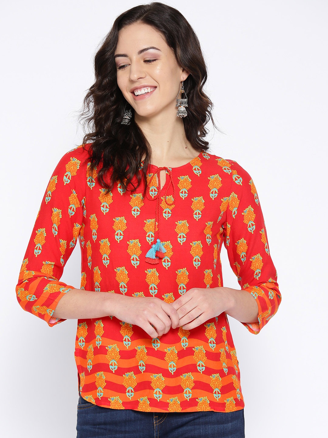 

Global Desi Women Red & Yellow Printed Top