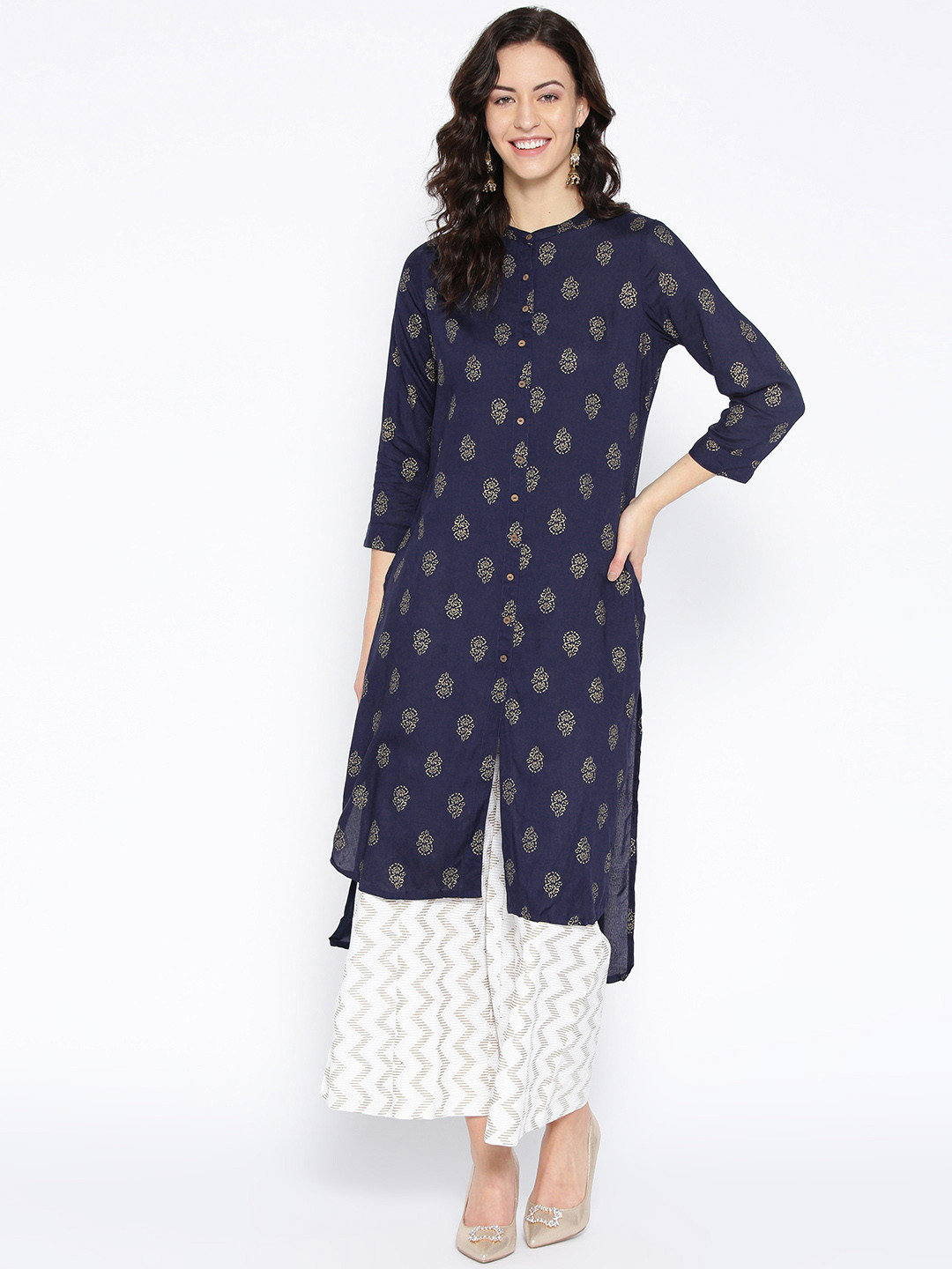 

Global Desi Women Navy Blue & Golden Printed Straight Kurta