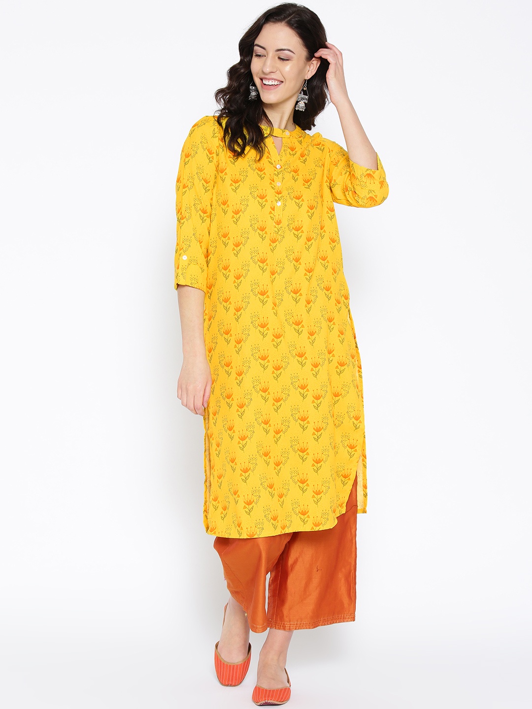 

Global Desi Women Yellow & Orange Printed Straight Kurta