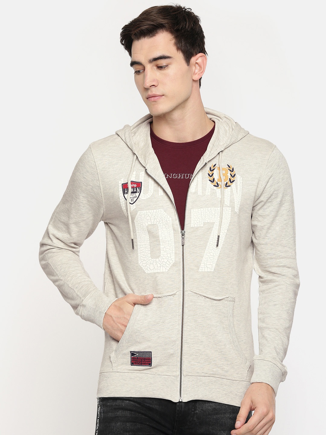 

Being Human Clothing Men Beige Printed Hooded Sweatshirt