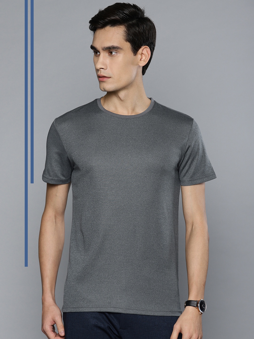 

Louis Philippe Ath.Work Men Grey Melange Solid Round Neck Slim Fit T-shirt