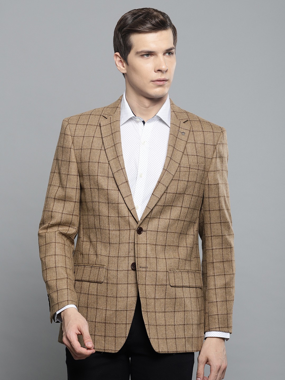 

Louis Philippe Men Khaki Self Checked Tailored Fit Single Breasted Formal Blazer
