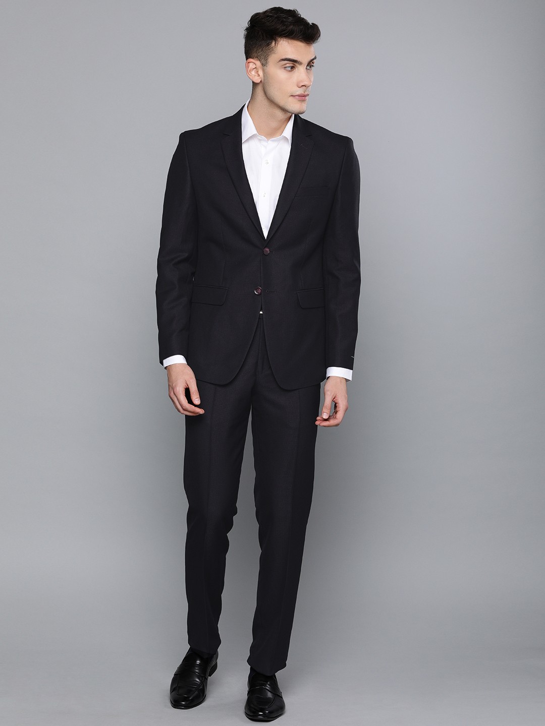 

Louis Philippe Burgundy & Black Self Design Slim Fit Single-Breasted Wedding Suit