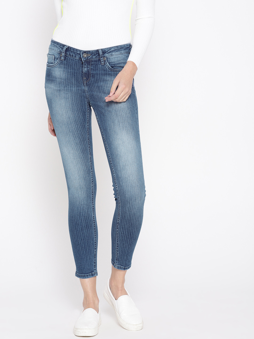 

Pepe Jeans Women Blue Striped Super Skinny Fit Mid-Rise Clean Look Stretchable Jeans