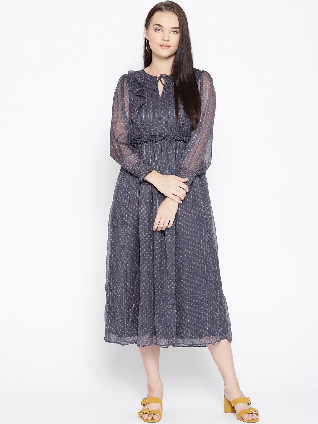

Taanz Women Charcoal Grey & Pink Printed Empire Dress