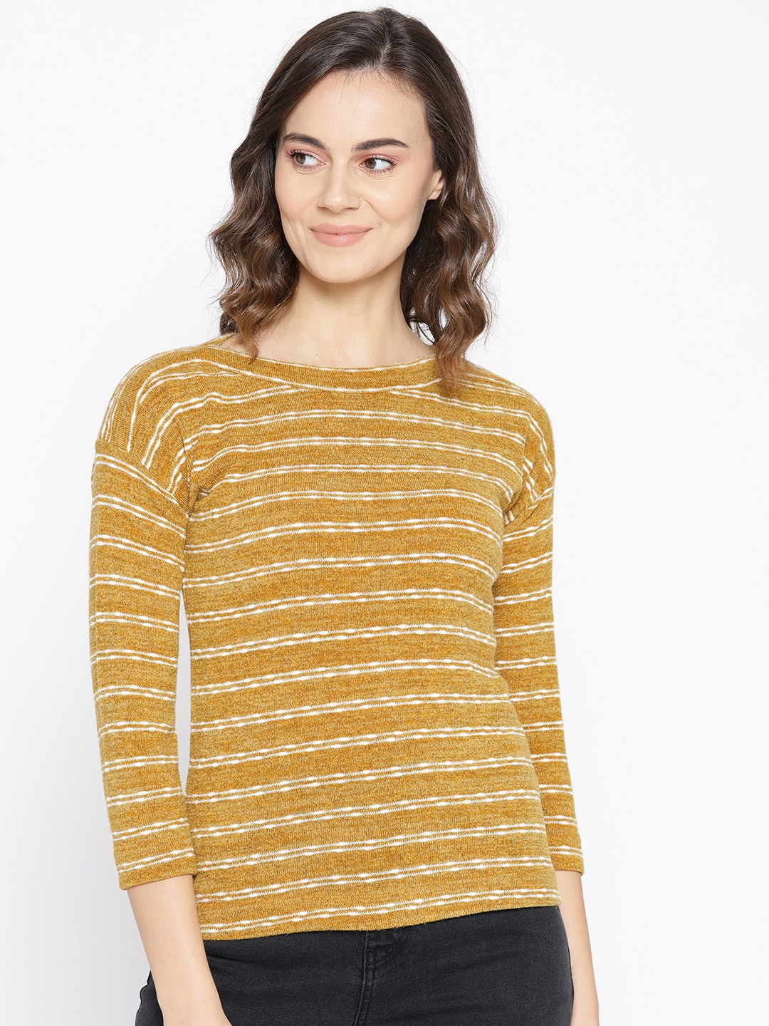 

Taanz Women Mustard Yellow & Off-White Striped Sweater