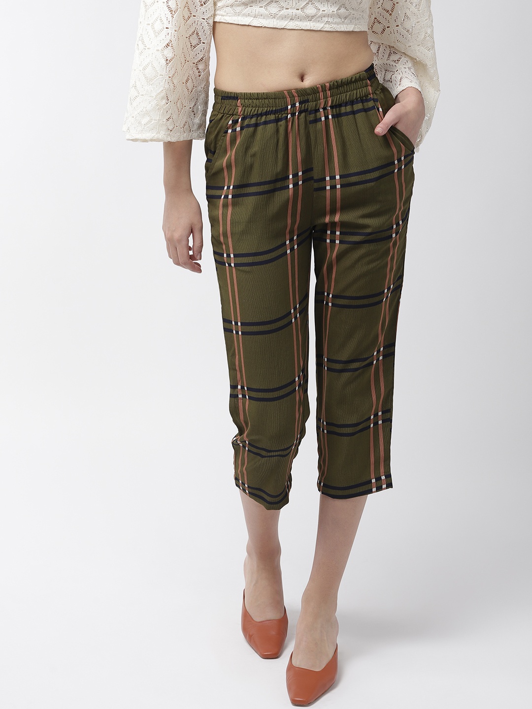 

MISH Women Olive Green & Rust Orange Comfort Regular Fit Checked Trousers