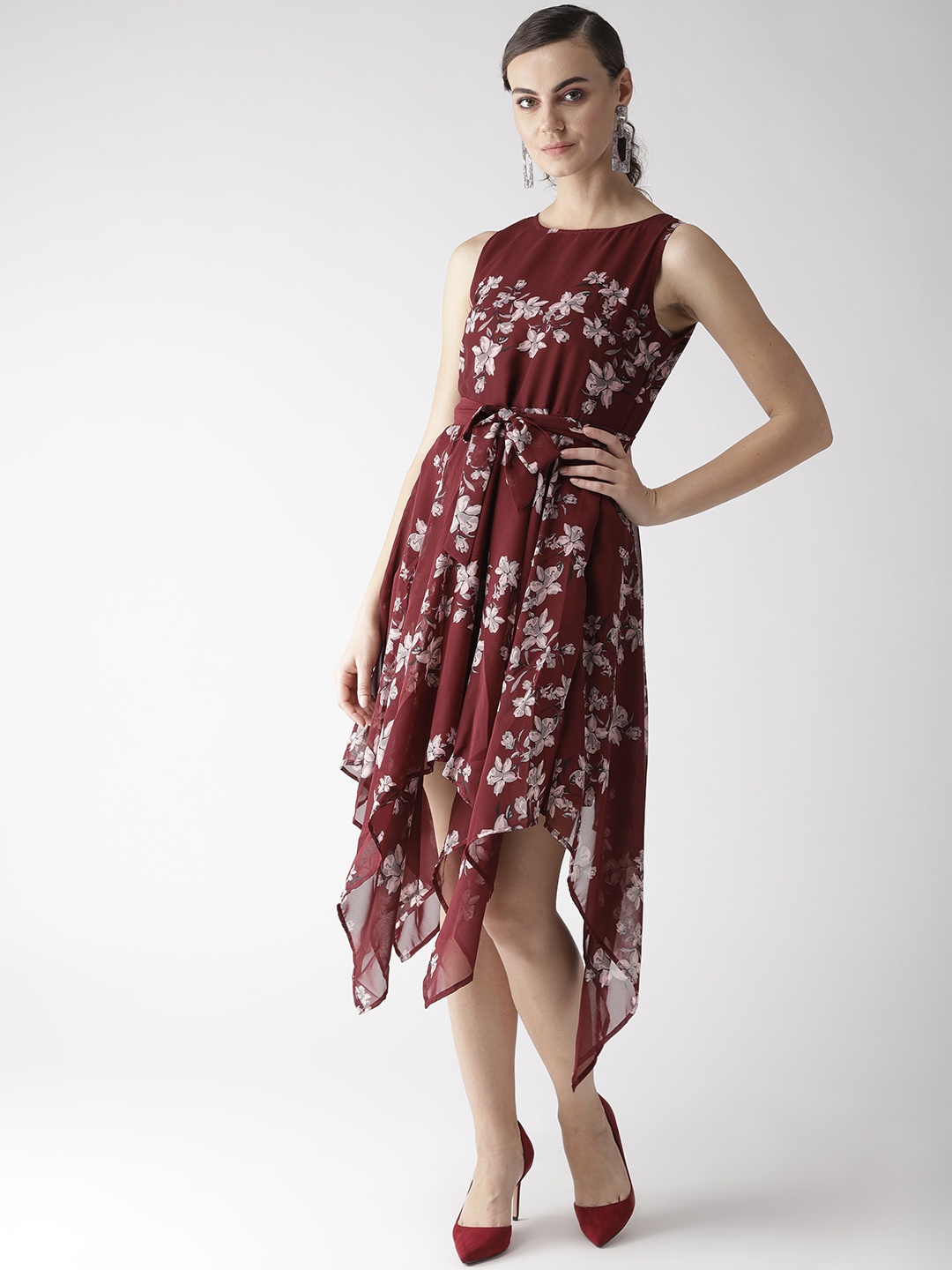 

MISH Women Maroon & Pink Floral Printed A-Line Dress