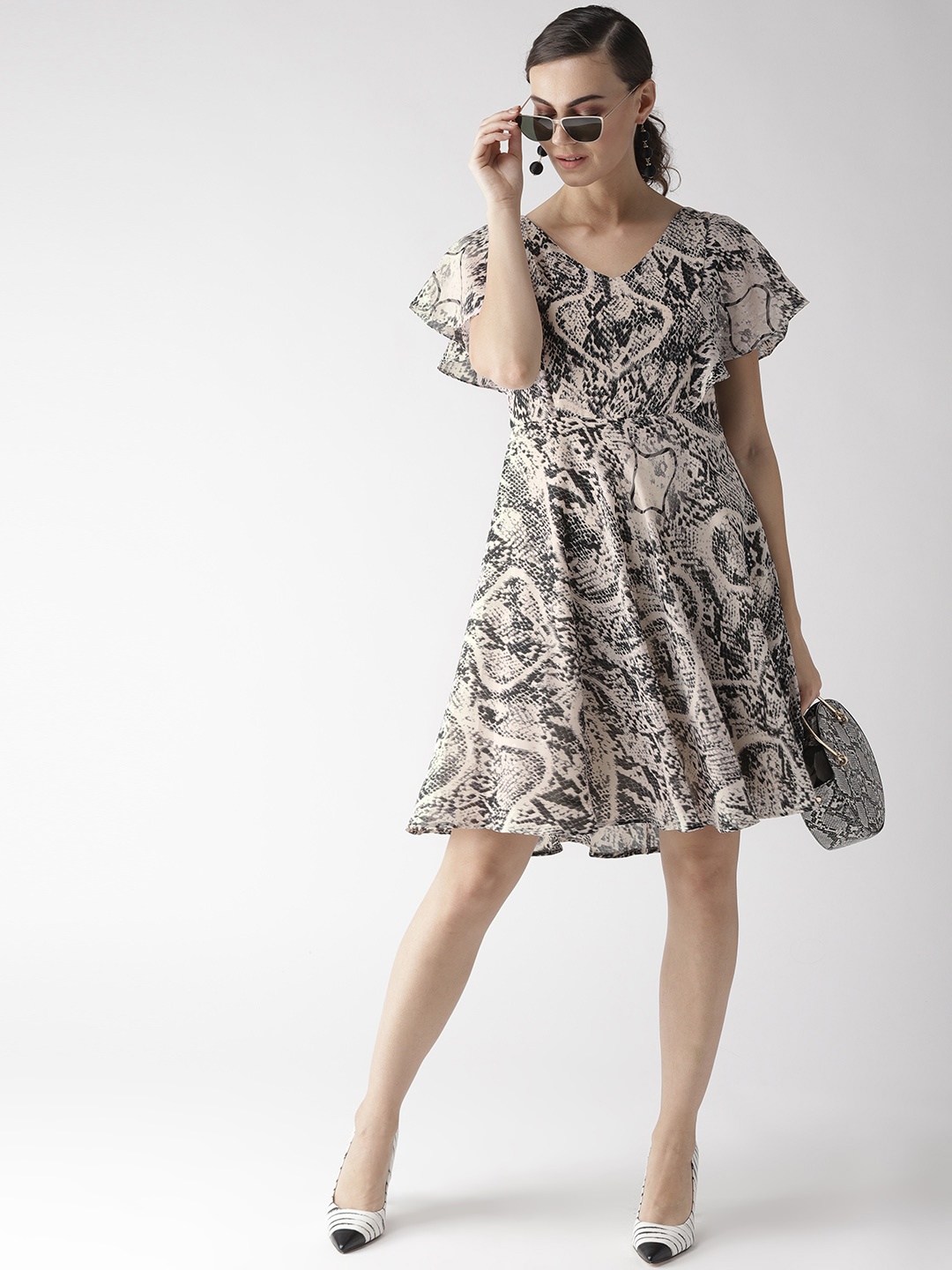 

MISH Women Beige & Black Animal Printed A-Line Dress