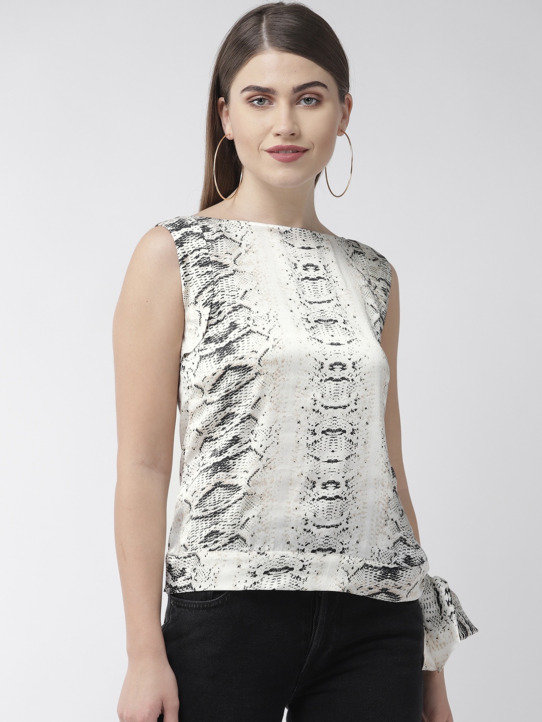 

MISH Women Off-White & Black Snakeskin Print Top