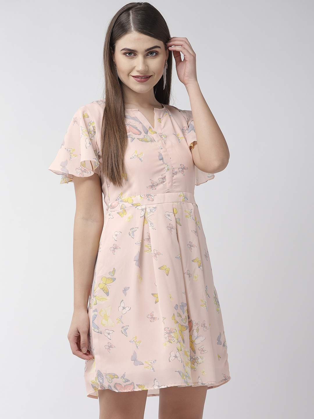 

MISH Women Peach-Coloured & Grey Butterfly Print A-Line Dress