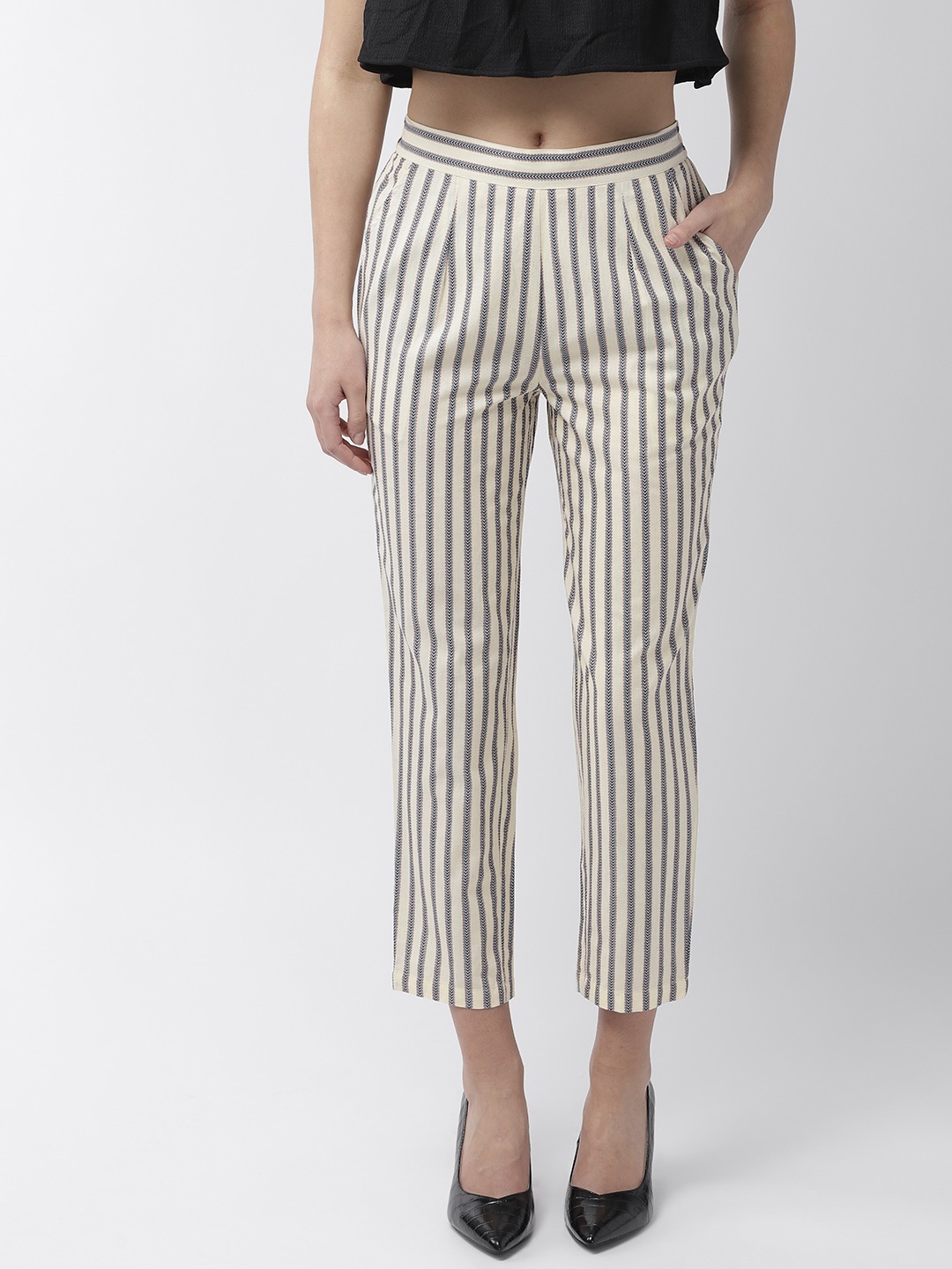 

MISH Women Cream-Coloured & Navy Blue Comfort Straight Fit Striped Cropped Trousers