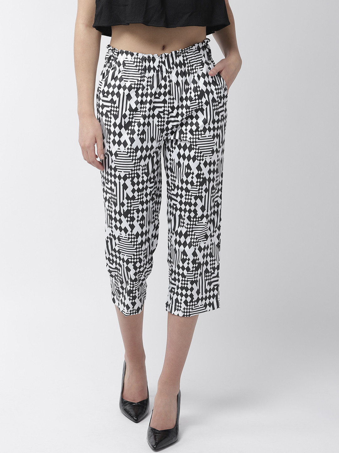 

MISH Women White & Black Comfort Straight Fit Printed Regular Trousers