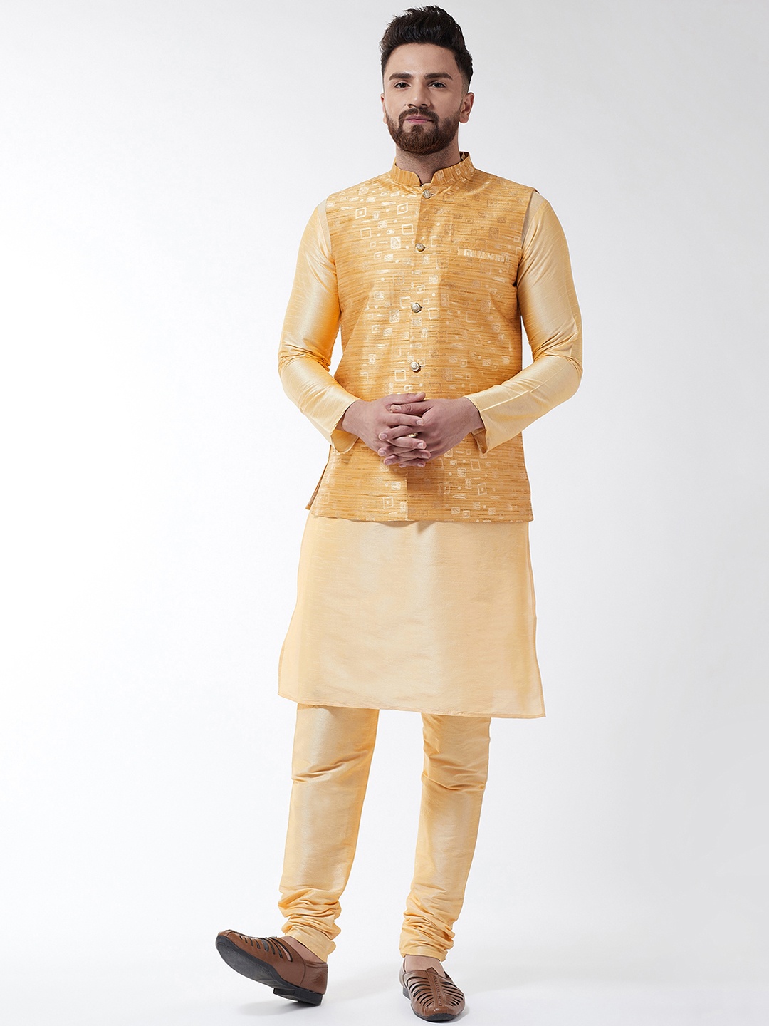 

SOJANYA Men Gold-Coloured Self Design Kurta with Churidar & Nehru Jacket