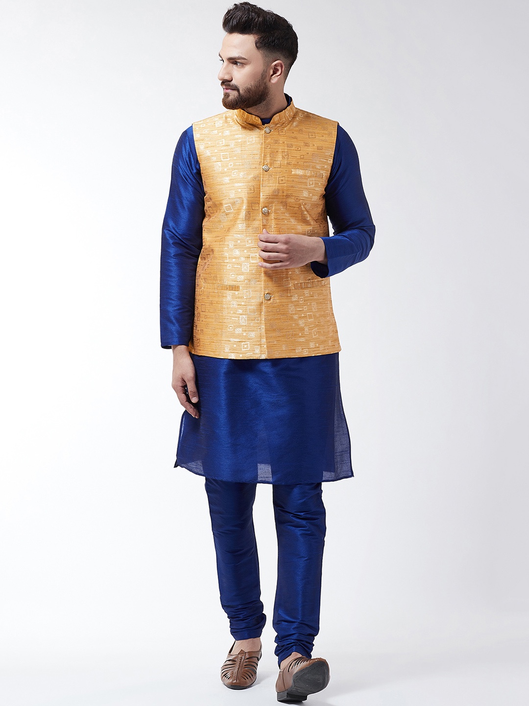 

SOJANYA Men Gold-Coloured & Blue Self Design Kurta with Churidar & Nehru Jacket
