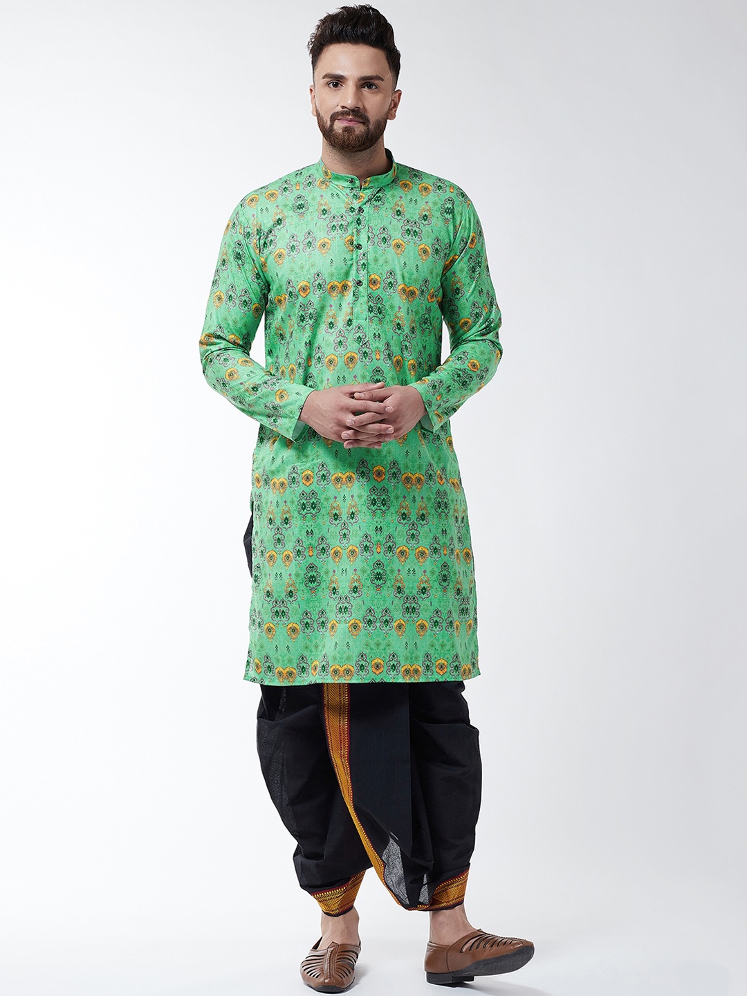 

SOJANYA Men Green & Black Printed Kurta with Dhoti Pants
