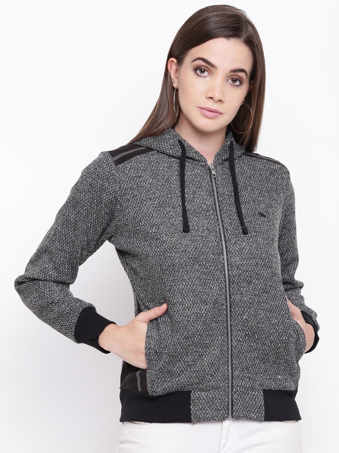 

Cayman Women Charcoal Grey Self Design Hooded Sweatshirt