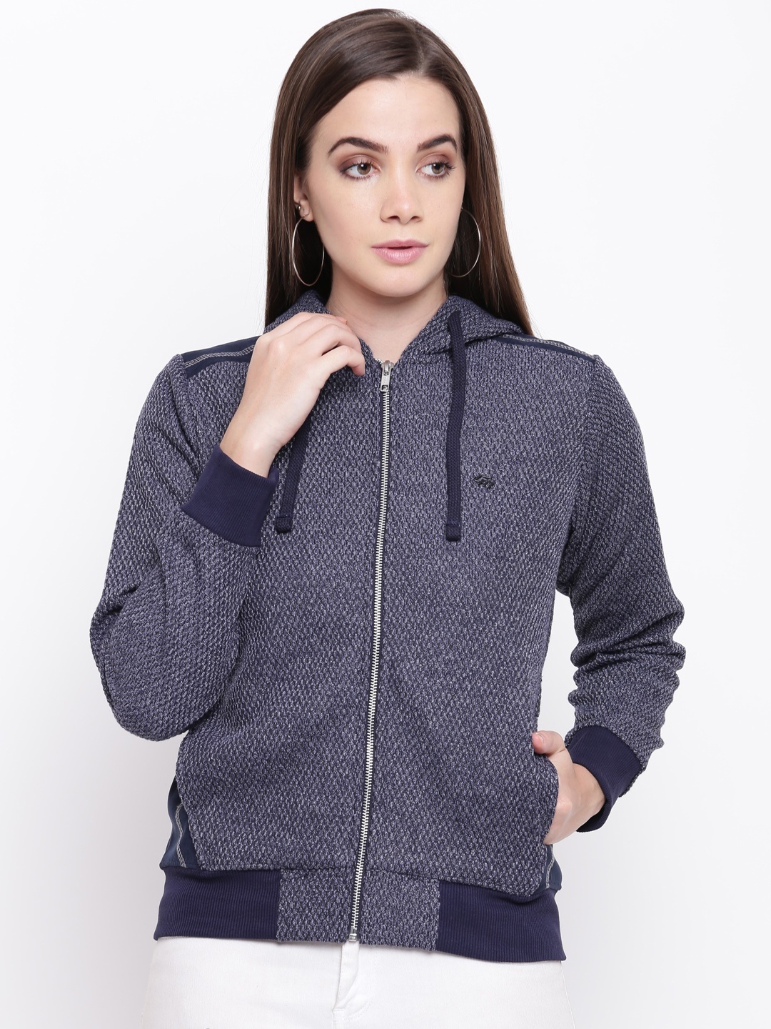 

Cayman Women Navy Blue Self Design Hooded Sweatshirt