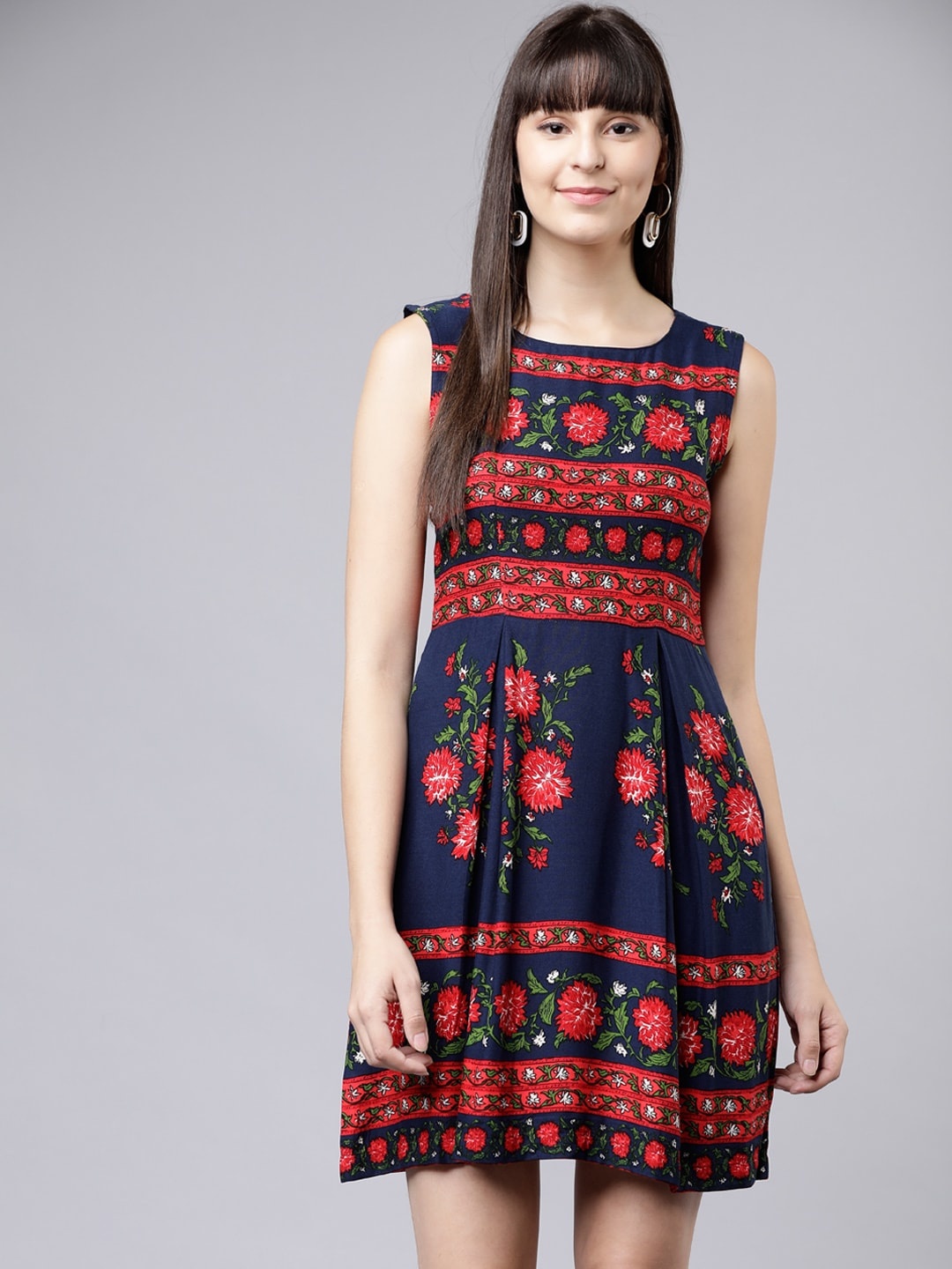 

Tokyo Talkies Navy Blue Floral Printed Fit and Flare Dress