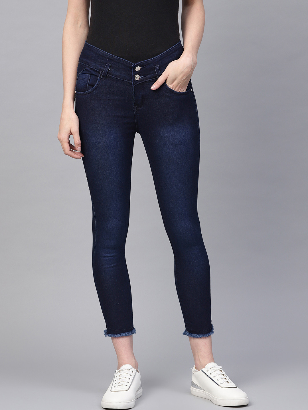 

Purple Feather Women Navy Blue Skinny Fit High-Rise Clean Look Stretchable Cropped Jeans