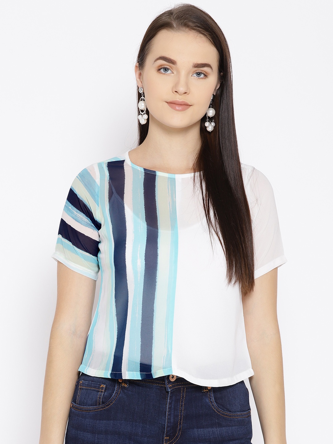 

Raano Women White & Blue Semi Sheer Striped Top