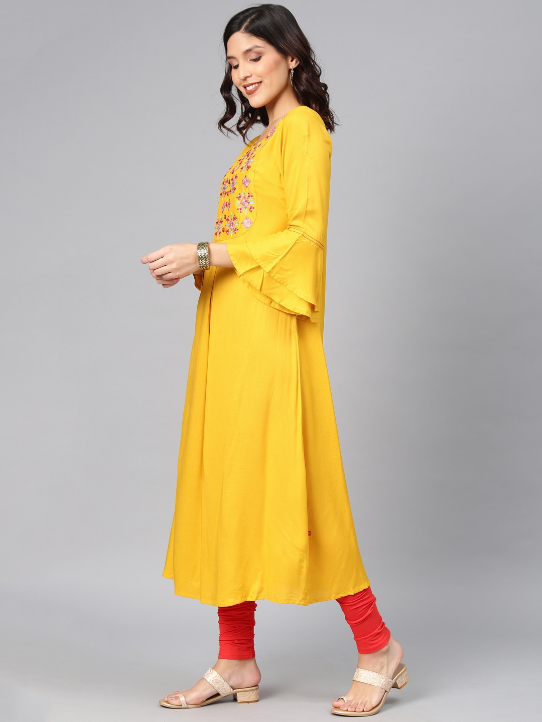 

Alena Women Mustard Yellow Embroidered A-Line Kurta