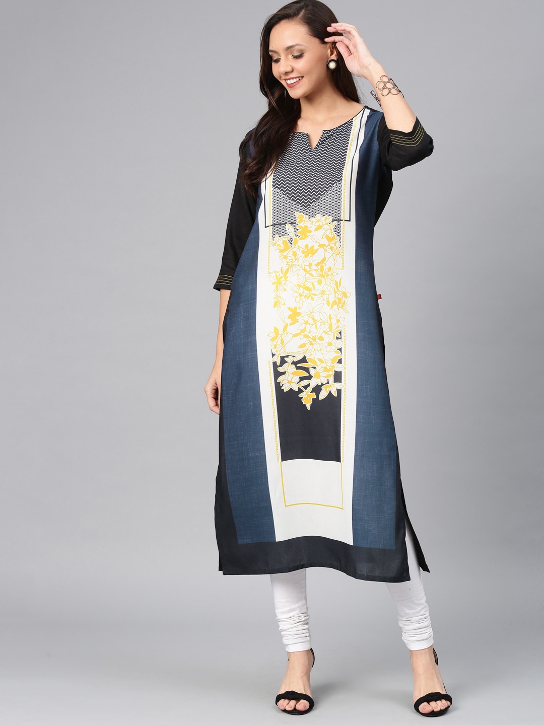 

Alena Women Navy Blue & Off White Floral Printed Straight Kurta, Black