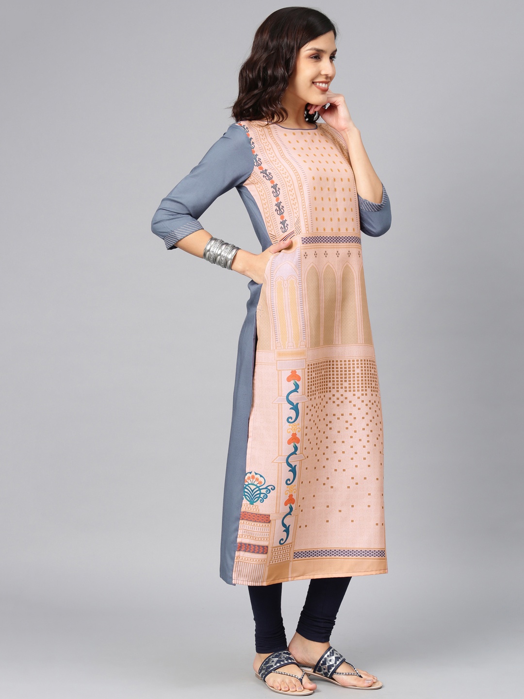 

Alena Women Steel Blue & Peach-Coloured Printed Straight Kurta