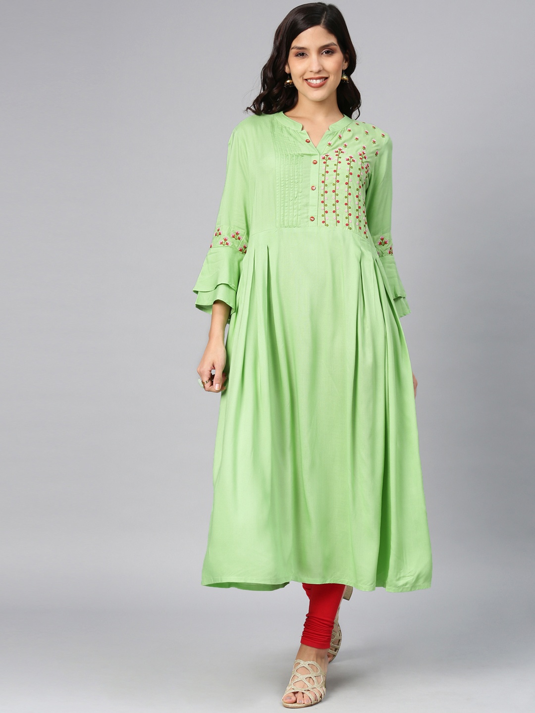 

Alena Women Green Floral Embroidered Pleated A-Line Kurta