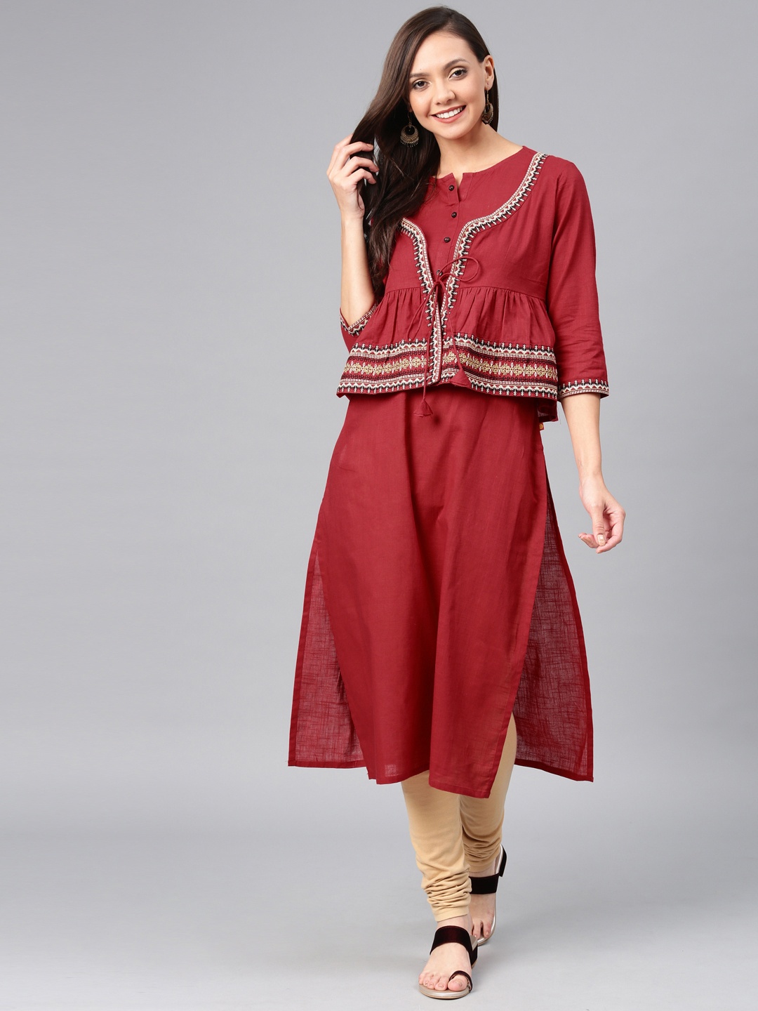 

Alena Women Maroon Solid Straight Kurta With Ethnic Jacket