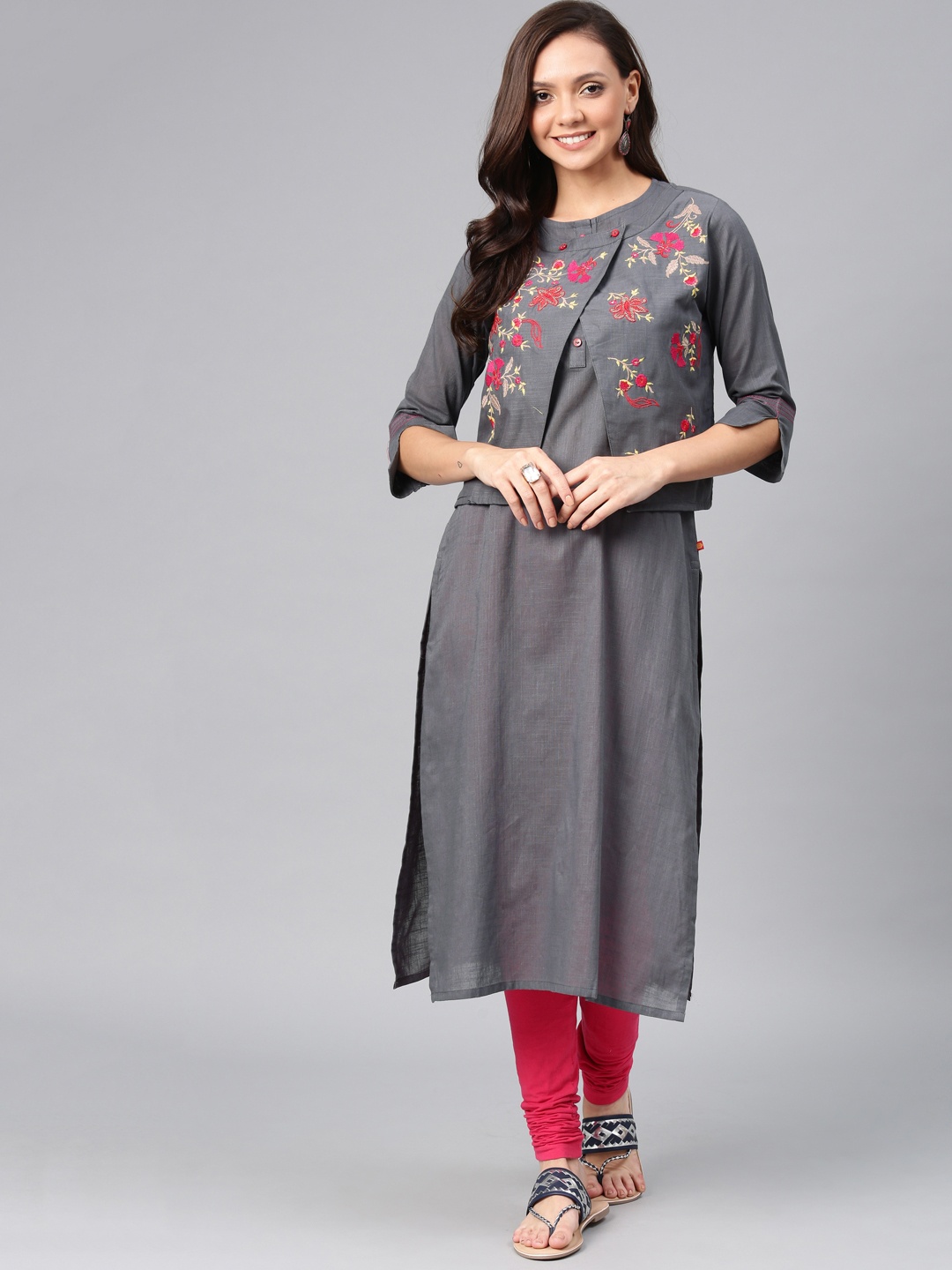 

Alena Women Grey Floral Embroidered Straight Layered Kurta