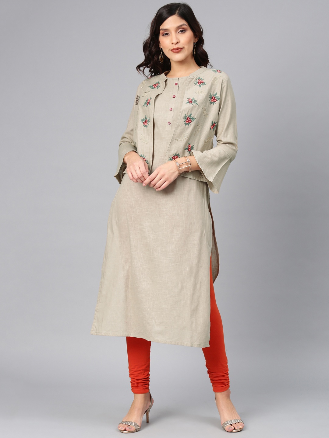 

Alena Women Beige Embroidered Straight Layered Kurta