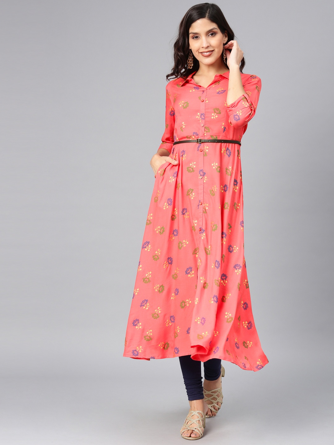 

Alena Women Coral Orange & Navy Blue Floral Printed A-Line Kurta
